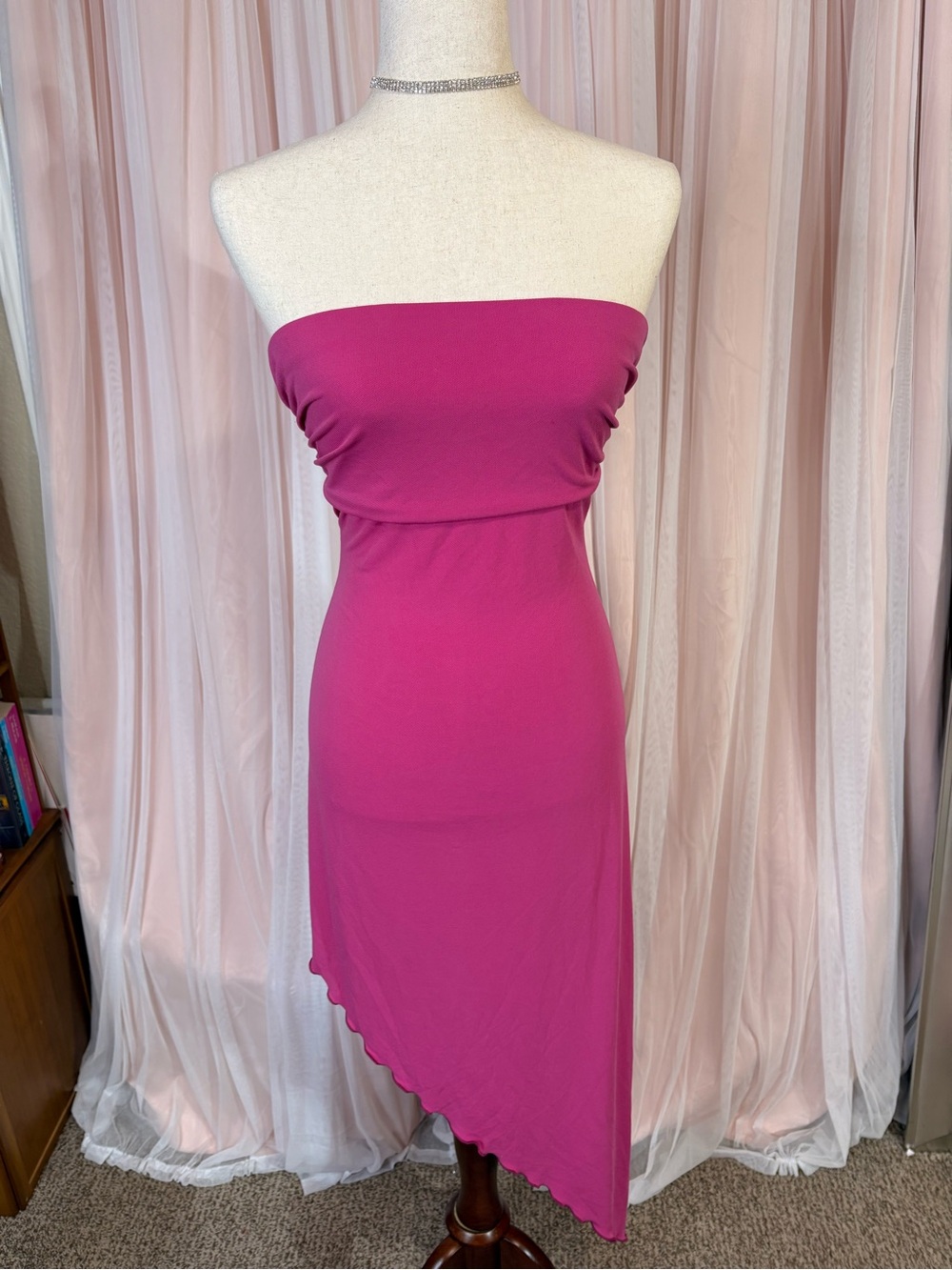 Urban Outfitters Strapless Asymmetric Dress in Fuchsia Pink
